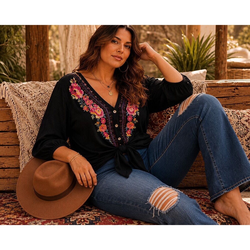 Boho Embroidered Black Blouse 2X  plus size Tie Front Floral Peasant Top artisan